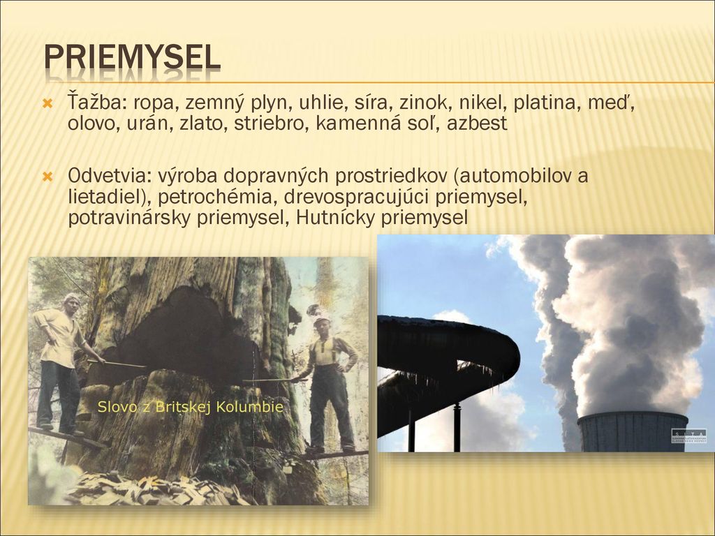 Priemysel Ťažba: ropa, zemný plyn, uhlie, síra, zinok, nikel, platina, meď, olovo, urán, zlato, striebro, kamenná soľ, azbest.