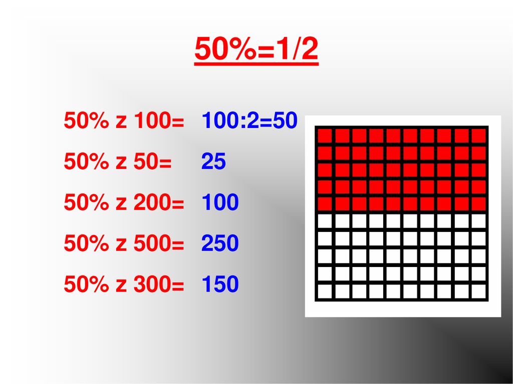 50%=1/2 50% z 100= 50% z 50= 50% z 200= 50% z 500= 50% z 300= 100:2=50