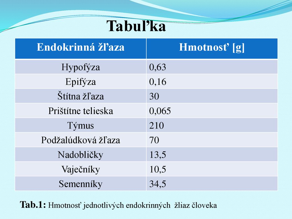 Tabuľka Endokrinná žľaza Hmotnosť [g] Hypofýza 0,63 Epifýza 0,16