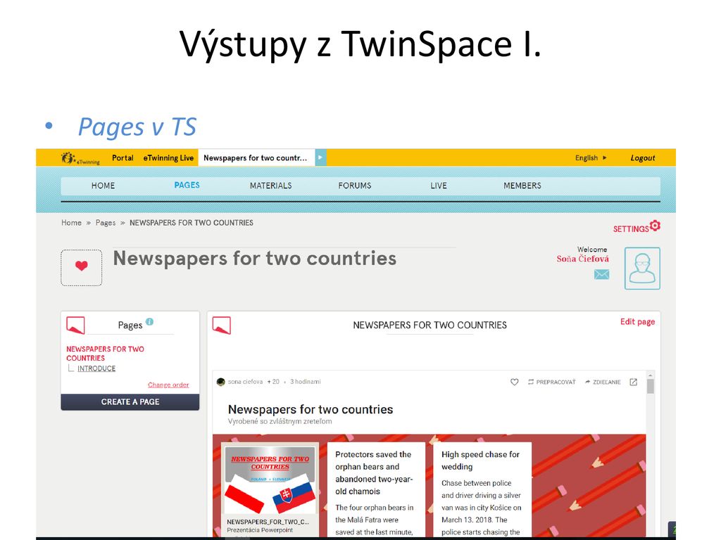 Výstupy z TwinSpace I. Pages v TS