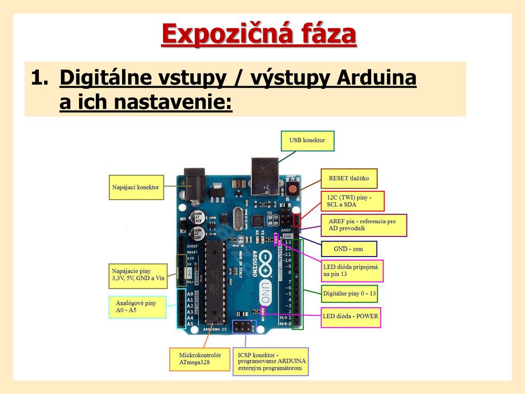 Expozičná fáza Digitálne vstupy / výstupy Arduina a ich nastavenie: