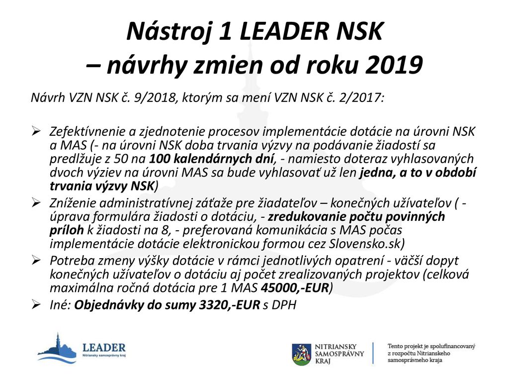 Nástroj 1 LEADER NSK – návrhy zmien od roku 2019