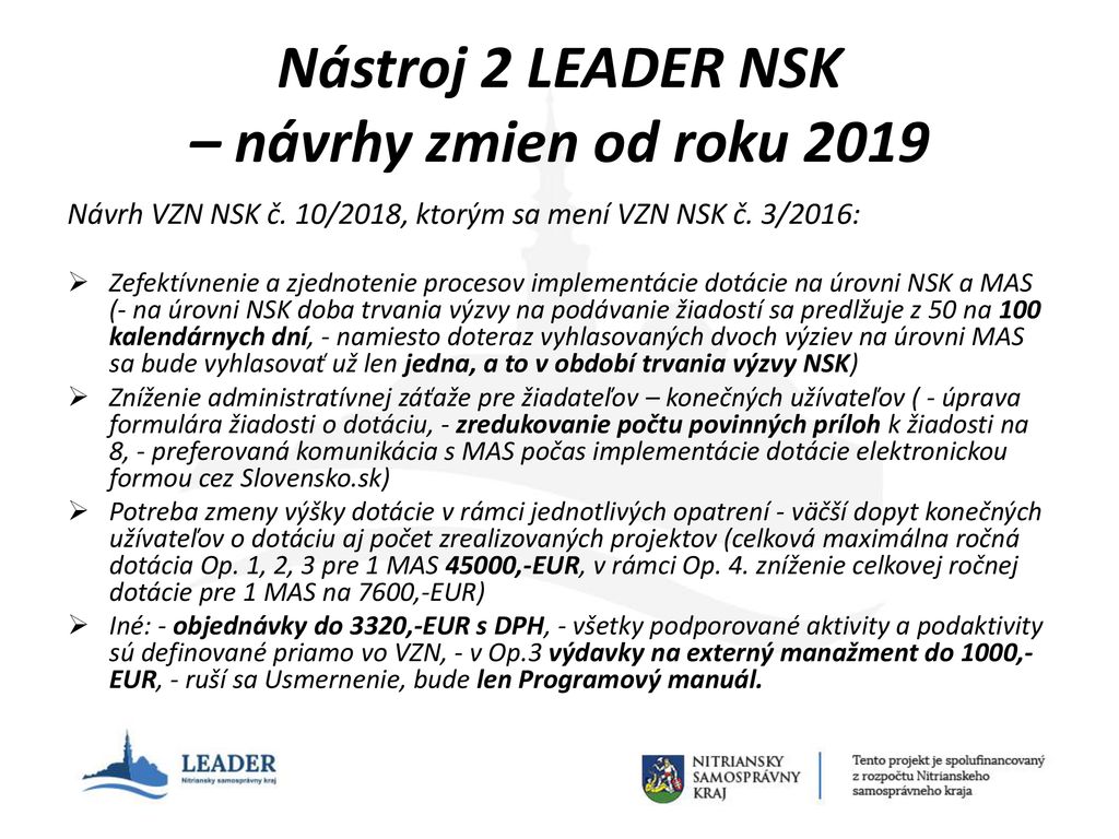 Nástroj 2 LEADER NSK – návrhy zmien od roku 2019