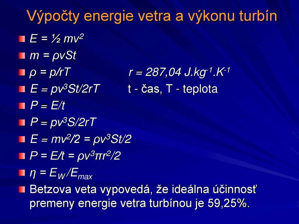 Výpočty energie vetra a výkonu turbín