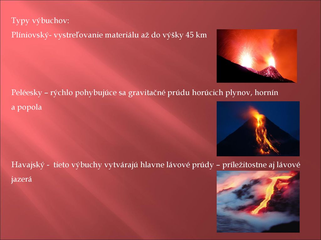 Typy výbuchov: Plíniovský- vystreľovanie materiálu až do výšky 45 km.